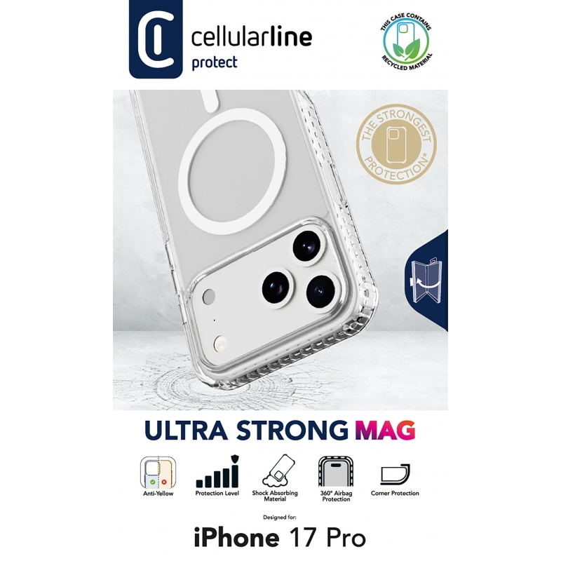 Cellularline Ultra Strong Mag - iPhone 17 Pro Funda transparente ultra protectora con bordes reforzados en material anti