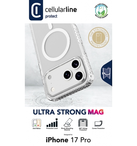 Cellularline Ultra Strong Mag - iPhone 17 Pro Funda transparente ultra protectora con bordes reforzados en material anti