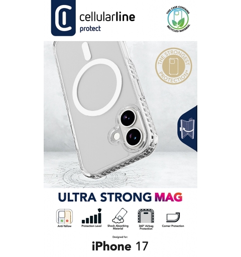 Cellularline Ultra Strong Mag - iPhone 17 Funda transparente ultra protectora con bordes reforzados en material anti impactos,