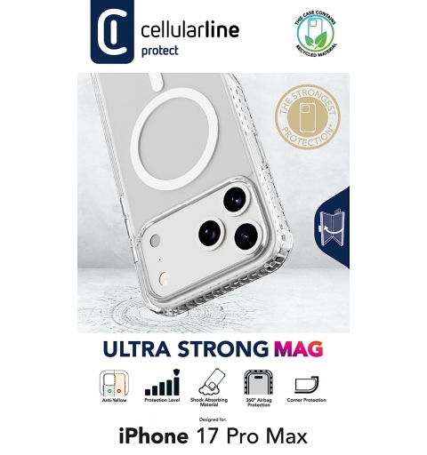 Cellularline Ultra Strong Mag - iPhone 17 Pro Max Funda transparente ultra protectora con bordes reforzados en material anti