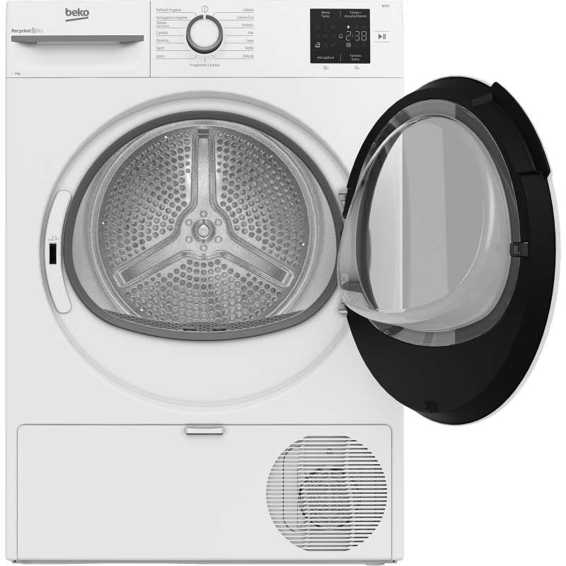 Beko BMT491WI_IT, Asciugatrice 9kg, Classe C, Linea Estetica NX, motore inverter, Display digitale, colore Bianco, oblò Bianco