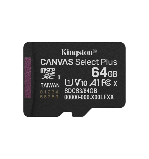 Kingston Technology 64GB microSDXC Canvas Select Plus Gen3 100MB s A1 Card + Adapter