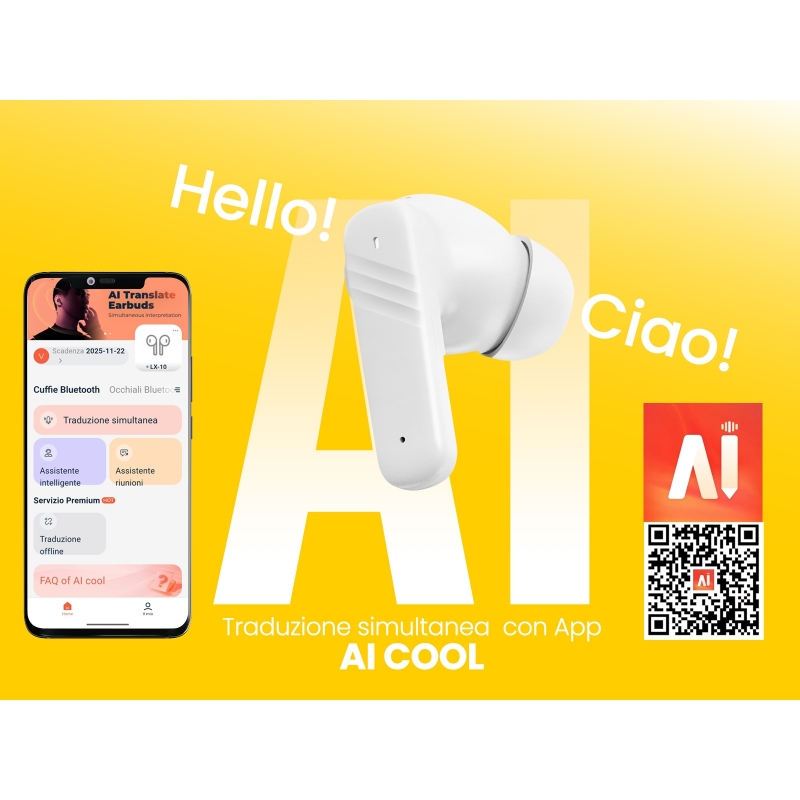 Trevi Cuffie con Traduzione Simultanea AI e Display Touch Screen EAR 100 AID Bianco