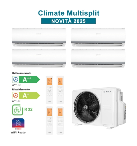 BOSCH CL5000M 82/4 E Set Condizionatore Climatizzatore QuadriSplit CL2000 9+9+9+9Btu 8,2Kw A++/A+ WiFi Ready Inverter R32 Bianco