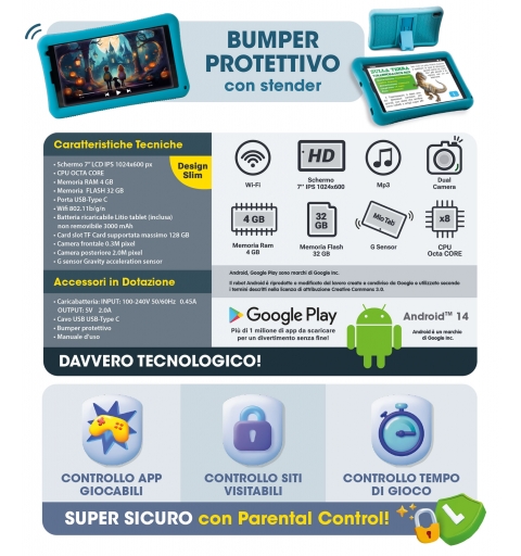 Lisciani 114214 tablet 32 GB 17,8 cm (7") 4 GB Wi-Fi 4 (802.11n) Android 14 Nero