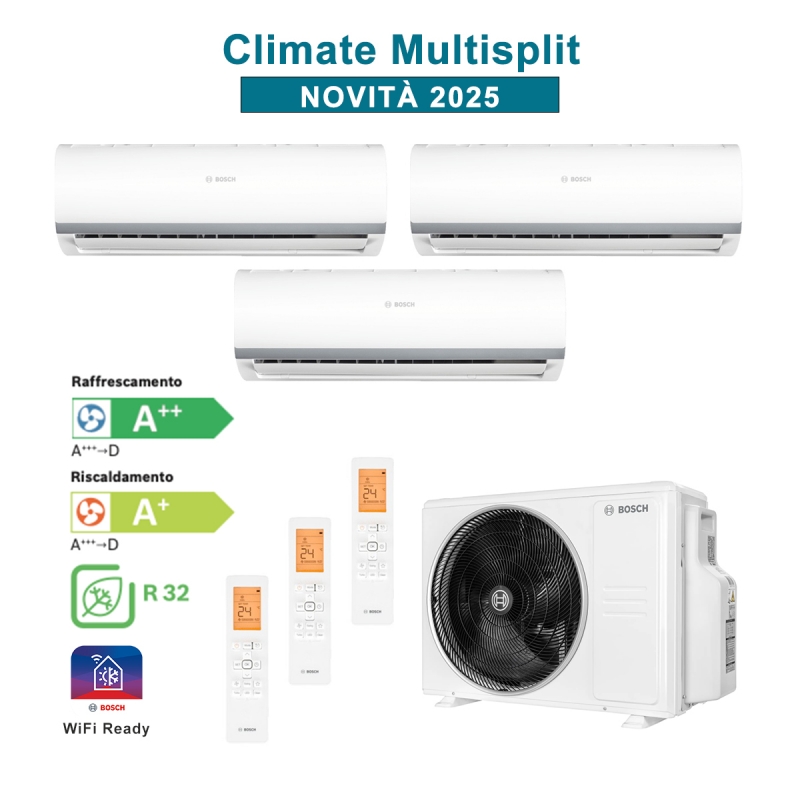 BOSCH CL5000M 82/4 E Climatiseur Trial Split CL2000 9000 + 12000 + 12000 Btu 8,2 kW A++/A+ WiFi Ready Inverter R32 Blanc