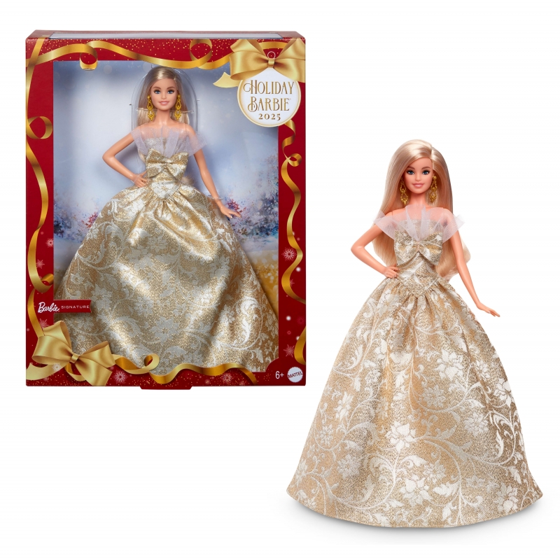 Barbie Signature 2025 Holiday Fashion Doll, Seasonal Collector, Blonde with Silver & Gold Gown