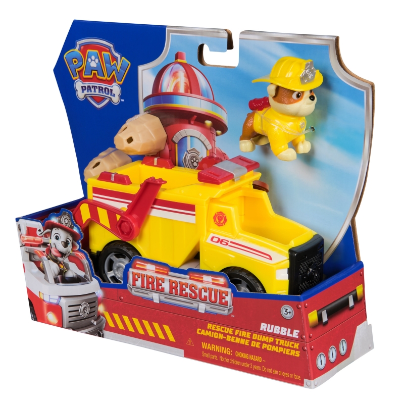 PAW Patrol Fire Rescue - Rubbles Rettungs-Truck mit Schaufel und Geschossen sowie Rubble Hundefigur