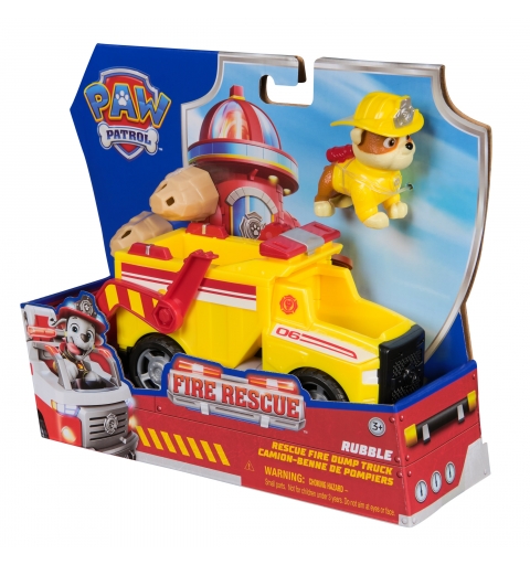 PAW Patrol Fire Rescue Rubble Rescue Fire Dump Truck with Action Figure, Projectiles, and Toy Truck, Kids Toys for Boys &