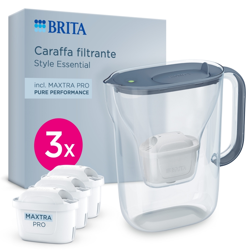 Brita Caraffa filtrante acqua Style Essential Stone Blue (2.4L) incl. 3x filtro MAXTRA PRO PURE PERFORMANCE che riduce cloro,