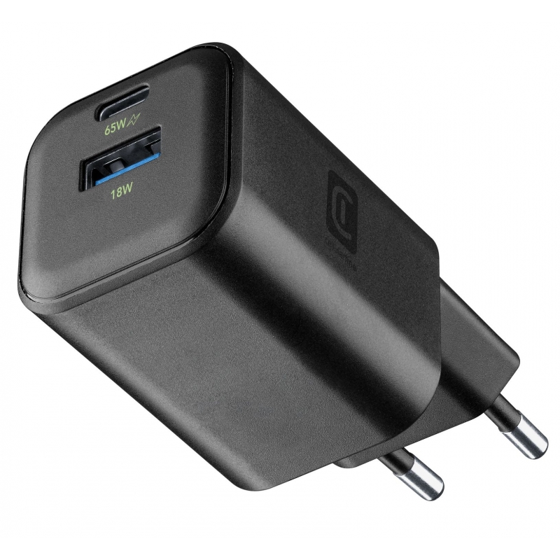 Cellularline MULTIPOWER 2 GAN ENTRY A+C 65W Chargeur mural compact 65W avec 2 ports USB-C et USB-A avec technologie GaN