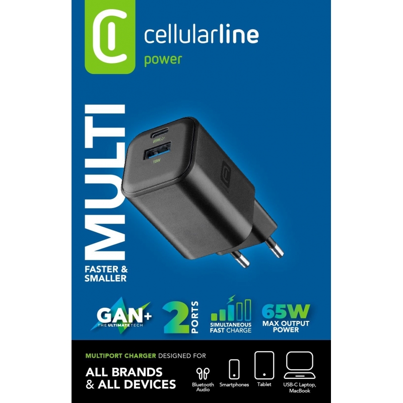 Cellularline MULTIPOWER 2 GAN ENTRY A+C 65W Chargeur mural compact 65W avec 2 ports USB-C et USB-A avec technologie GaN