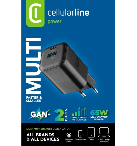 Cellularline MULTIPOWER 2 GAN ENTRY A+C 65W Compact 65W wall charger with 2 ports (USB-C and USB-A) and GaN technology