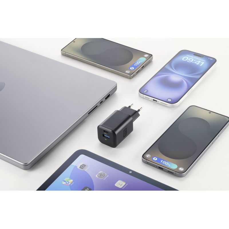 Cellularline MULTIPOWER 2 GAN ENTRY A+C 65W Compact 65W wall charger with 2 ports (USB-C and USB-A) and GaN technology
