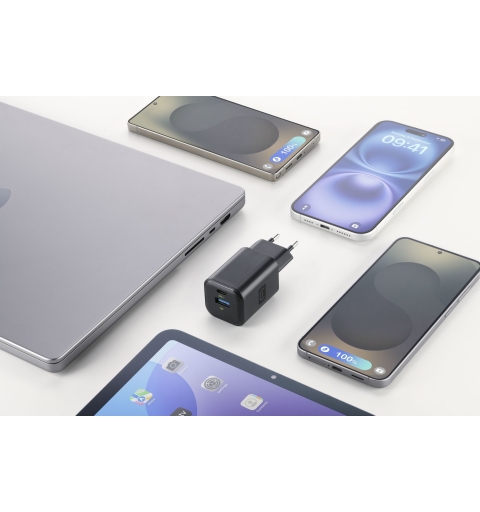 Cellularline MULTIPOWER 2 GAN ENTRY A+C 65W Cargador de pared compacto de 65W con 2 puertos USB-C y USB-A con tecnología GaN