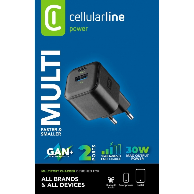 Cellularline MULTIPOWER 2 GAN ENTRY A+C 30W Chargeur mural compact 30W avec 2 ports USB-C et USB-A avec technologie GaN