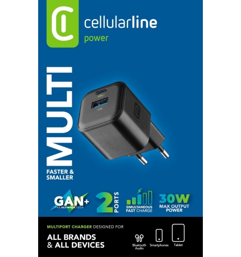 Cellularline MULTIPOWER 2 GAN ENTRY A+C 30W Caricabatterie da rete compatto 30W con 2 porte USB-C e USB-A con tecnologia GAN