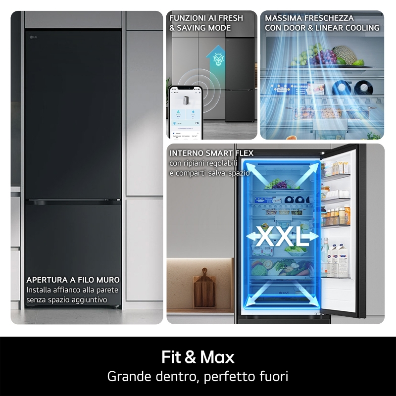 LG GBBW726DEV Frigorifero combinato Fit & Max 70cm, Classe D, 465L, AI Fresh, Black Steel