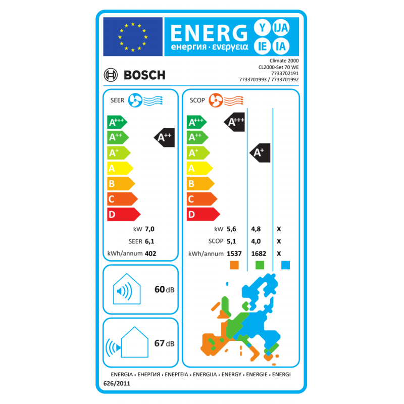 Bosch Climate 2000 CL2000 Set 70 WE Climatizzatore Condizionatore Monosplit 24000 BTu 7Kw A++/A+ WiFi Ready Inverter R32 Bianco