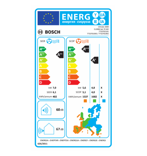 Bosch Climate 2000 CL2000 Set 70 WE Climatizzatore Condizionatore Monosplit 24000 BTu 7Kw A++/A+ WiFi Ready Inverter R32 Bianco
