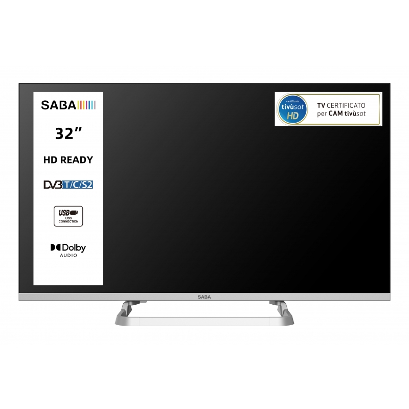 SABA TV 32" HD READY, Triplo ter DVBT2 C S2 HEVC MAIN10, Certificato TivuSAT, Piedistallo centrale, Dolby Audio