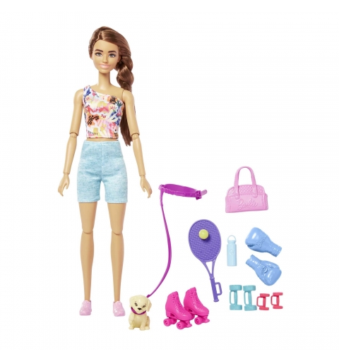 Barbie Fashionistas Doll with Puppy, Workout Outfit, Roller Skates and Tennis