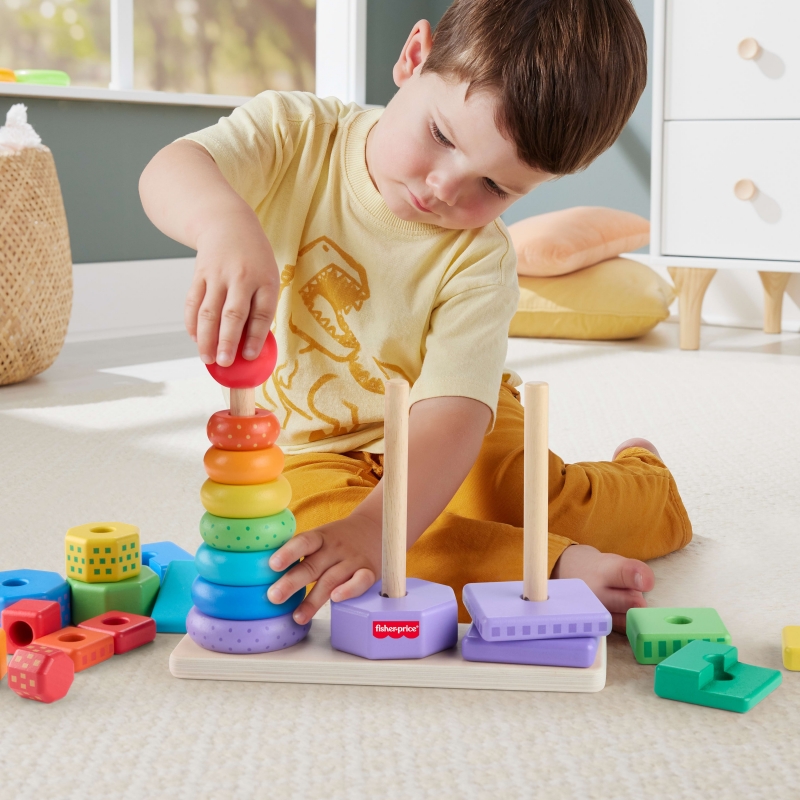 Fisher-Price Wooden Stacking Shape Sorter Toddler Fine Motor Toy, 26 Wood pieces