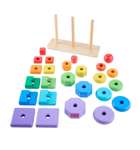 Fisher-Price Wooden Stacking Shape Sorter Toddler Fine Motor Toy, 26 Wood pieces