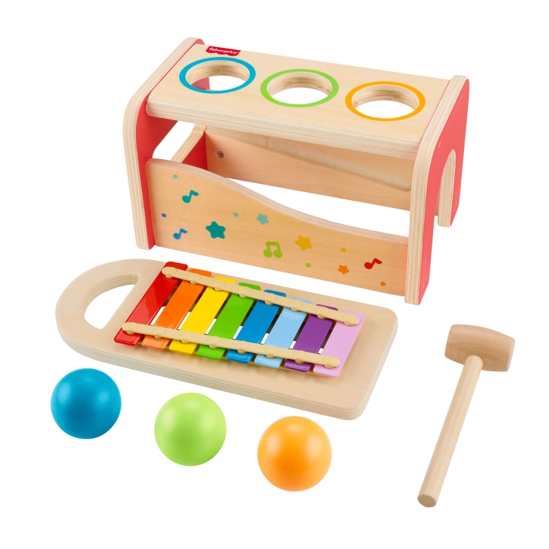 Fisher-Price Wooden Pound & Tap Bench Xylophone Toddler Musical Instrument Toy, 6 Wood Pieces
