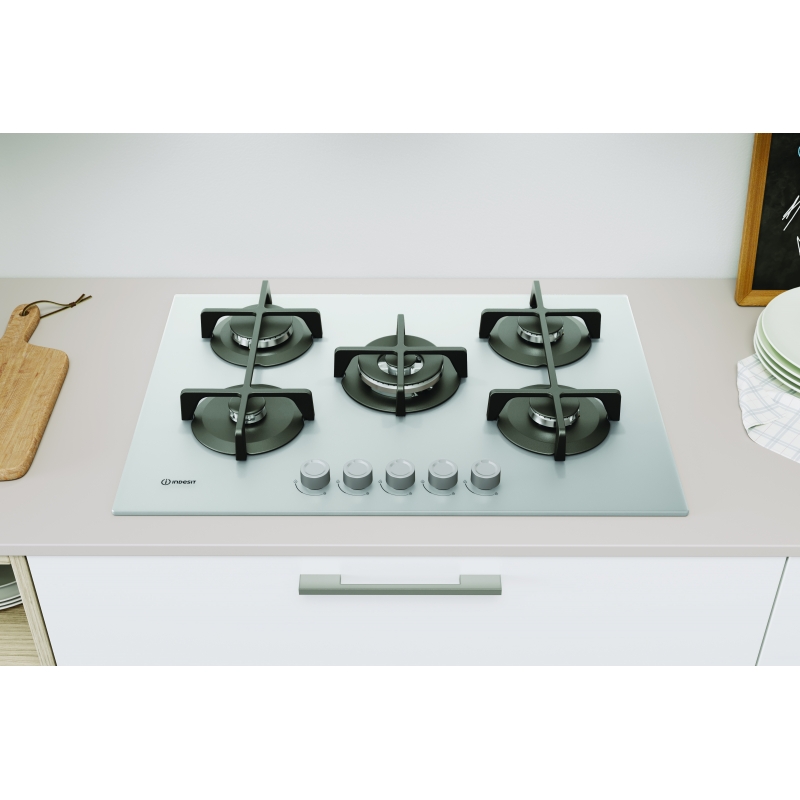 Indesit ING 72T WH 1 piano gas vetro bianco 75cm 5 fuochi bruciatore doppia corona griglie in ghisa lavabili in lavastoviglie