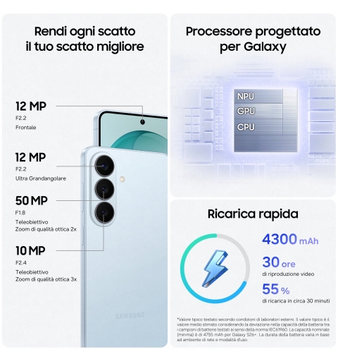 Samsung Galaxy S26 Smartphone AI, 256GB, Processore avanzato, Assistente Foto, Creative Studio, Camera 50 MP, 4300 mAh, Sky Blue