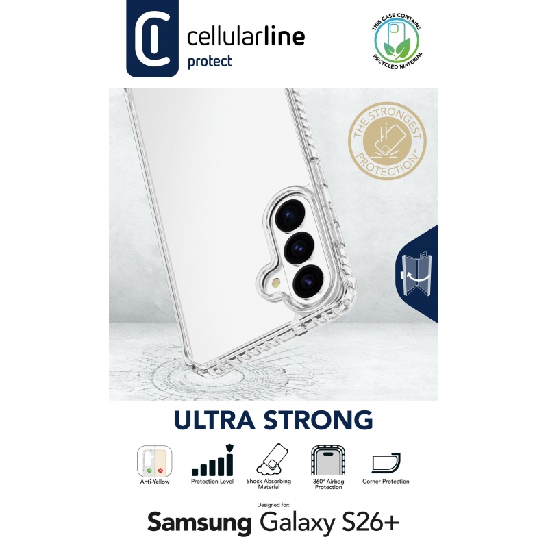 Cellularline Ultra Strong - Galaxy S26+ Funda ultra protectora de diseño transparente con bordes revestidos de material