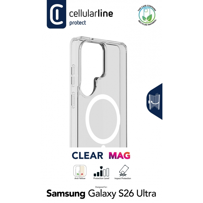 Cellularline Clear Mag - Galaxy S26 Ultra Funda transparente ultra resistente con borde de goma, compatible con el ecosistema