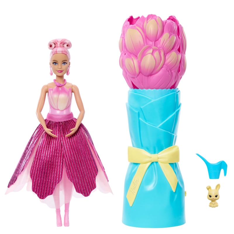 Barbie Duftende Petal Pop Modepuppe mit rosa Tulpenkleid, Überraschungs-Zubehörteilen wie ein Häschen und mehr