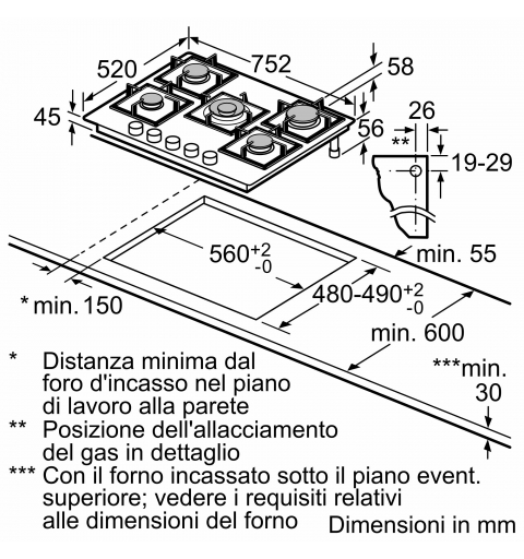 Bosch Serie 6 PPQ7A6I15 Piano cottura a gas 75 cm 5 fuochi Vetro Nero