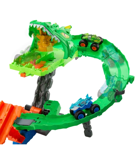 Hot Wheels Monster Trucks Sharks vs. Dinos Dragon Destruction Playset & 2 Toy Trucks