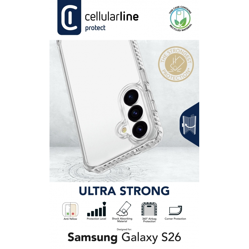 Cellularline Ultra Strong - Galaxy S26 Funda ultra protectora de diseño transparente con bordes revestidos de material