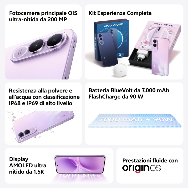 VIVO V70 Fe 17,4 cm (6.83") Doppia SIM Android 16.0 5G USB tipo-C 8 GB 256 GB 7000 mAh Viola