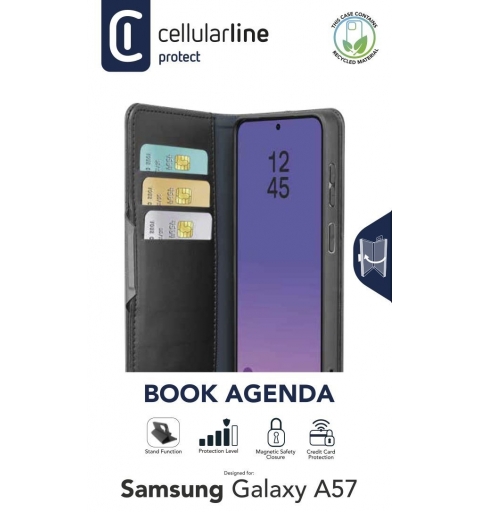 Cellularline Book Agenda 2 - Galaxy A57 Buchähnliche Hülle mit Lederoptik, Magnetverschluss, Standfunktion und RFID NFC-Schutz