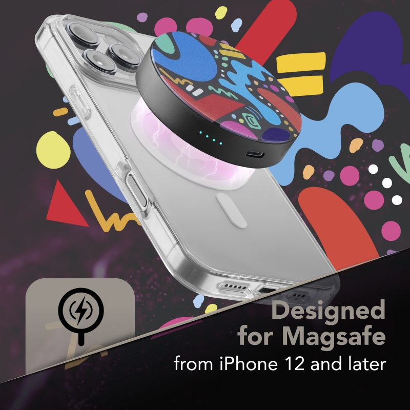 Cellularline Mag Vibe 3000 MAG VIBE is the 3000 mAh MagSafe power bank with a compact, round design and colorful graphics. It