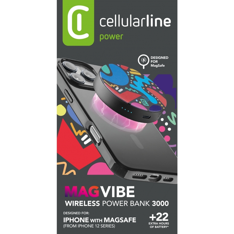 Cellularline Mag Vibe 3000 MAG VIBE es el power bank MagSafe de 3000 mAh con diseño compacto y redondo y gráficos coloridos. Se