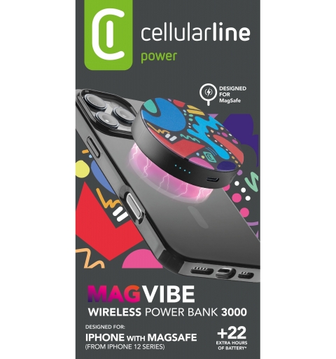 Cellularline Mag Vibe 3000 MAG VIBE es el power bank MagSafe de 3000 mAh con diseño compacto y redondo y gráficos coloridos. Se