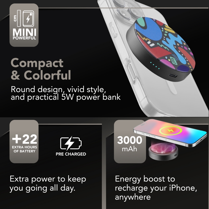 Cellularline Mag Vibe 3000 MAG VIBE is the 3000 mAh MagSafe power bank with a compact, round design and colorful graphics. It