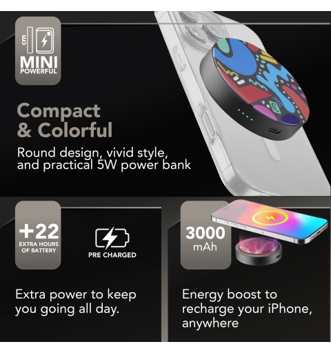 Cellularline Mag Vibe 3000 MAG VIBE is the 3000 mAh MagSafe power bank with a compact, round design and colorful graphics. It
