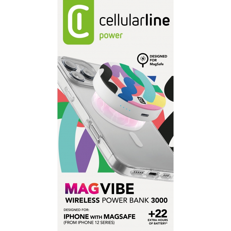 Cellularline Mag Vibe 3000 MAG VIBE is the 3000 mAh MagSafe power bank with a compact, round design and colorful graphics. It