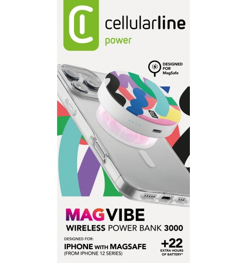 Cellularline Mag Vibe 3000 MAG VIBE è il power bank MagSafe da 3000 mAh con design compatto e rotondo con grafiche colorate. Si
