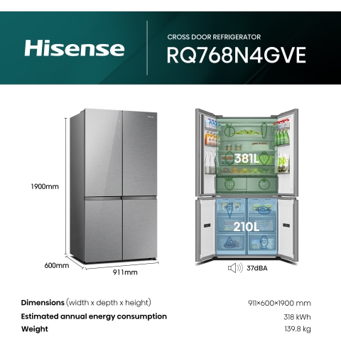 Hisense RQ768N4GVE Side-by-Side Kühlkombination Freistehend 591 l Silber