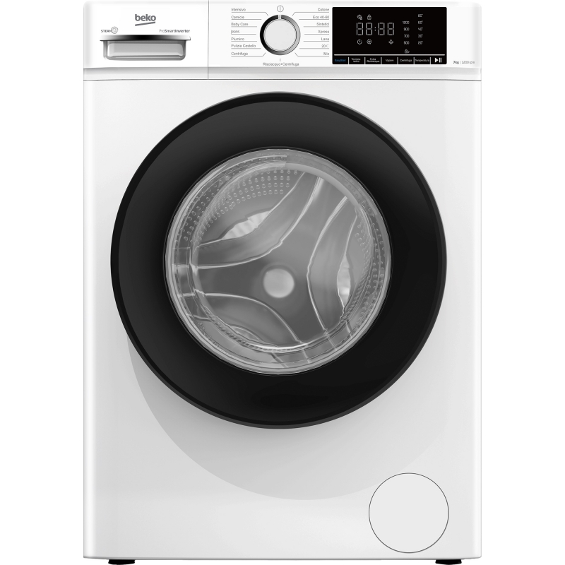 Beko BMX7126DB 7kg classe A bianco, inverter 1200 giri, display XL, oblò nero, funzione vapore