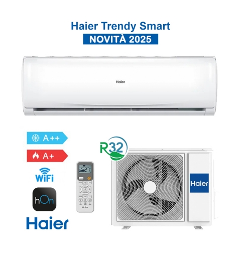 Haier HAS09TABIN + H1U09TABOUT Kit Condizionatore Climatizzatore Trendy 2025 9000Btu 2,6Kw A++/A+ WiFi Inverter R32 19dB Bianco