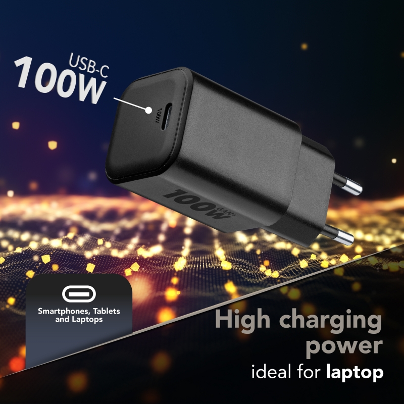 Cellularline ACH USB-C GaN+ 100W 100W Netzladegerät mit einem USB-C-Anschluss. Kompatibel mit allen USB-C-Geräten Smartphones,